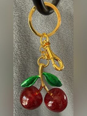 Cherry Bag/Keychain Charm with Red Glitter and Green Leaves